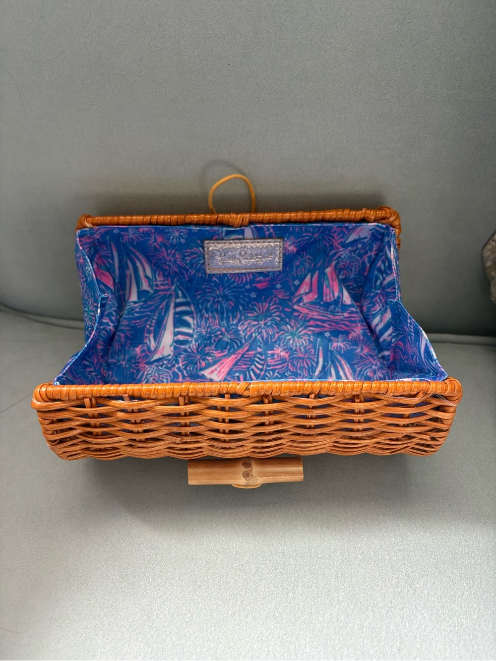 Lilly Pulitzer Wicker Mini Bag with Blue & Pink Sailboat Lining